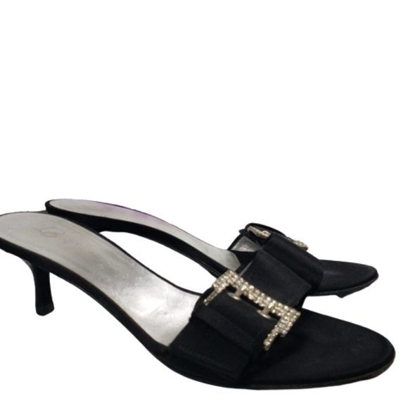 St. John | Shoes | St John Rhinestone Buckle Black Satin  St John Rhinestone Buckle Black Satin Heels 8